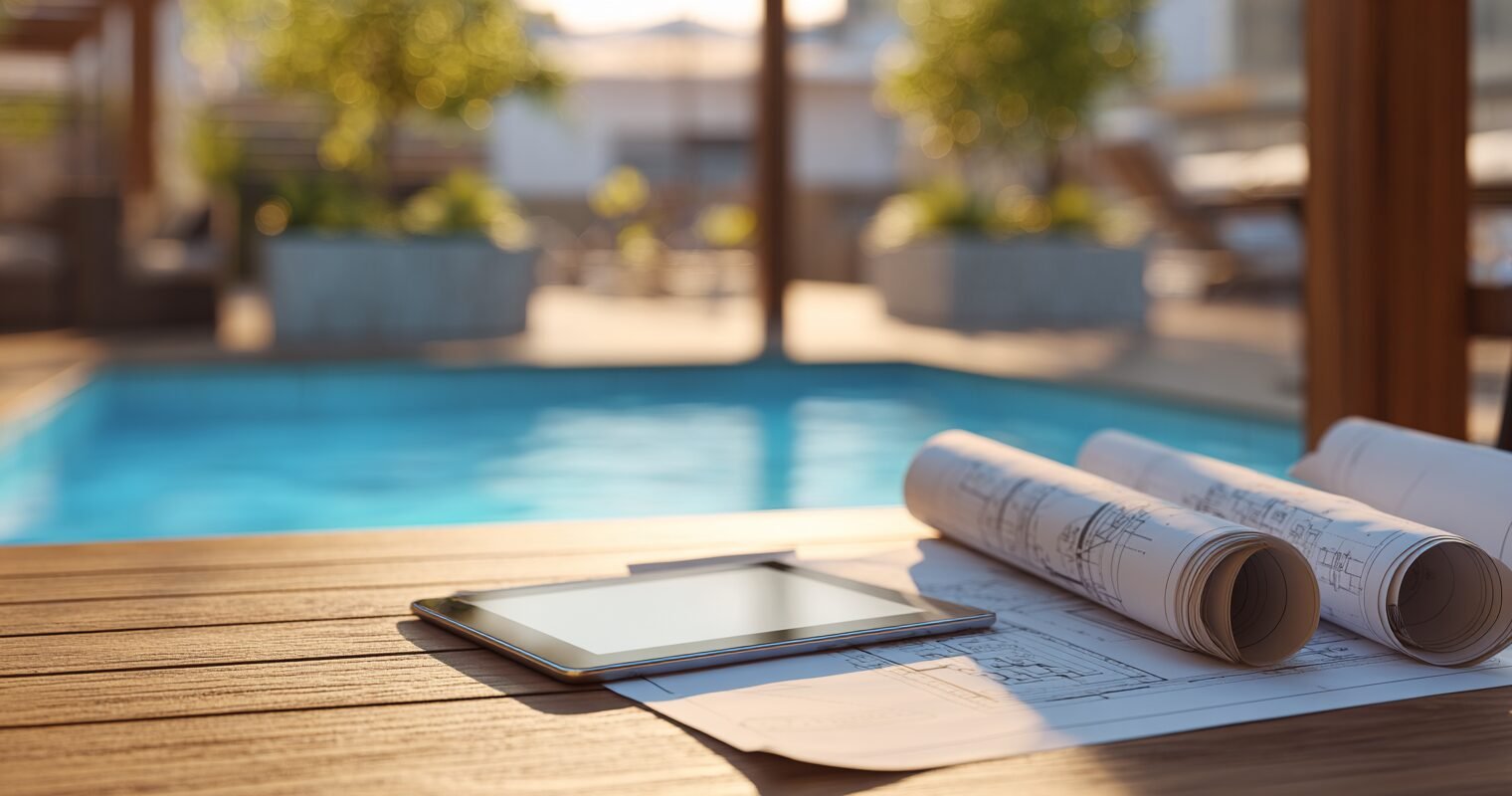 Pool blueprints and tablet beside a backyard pool