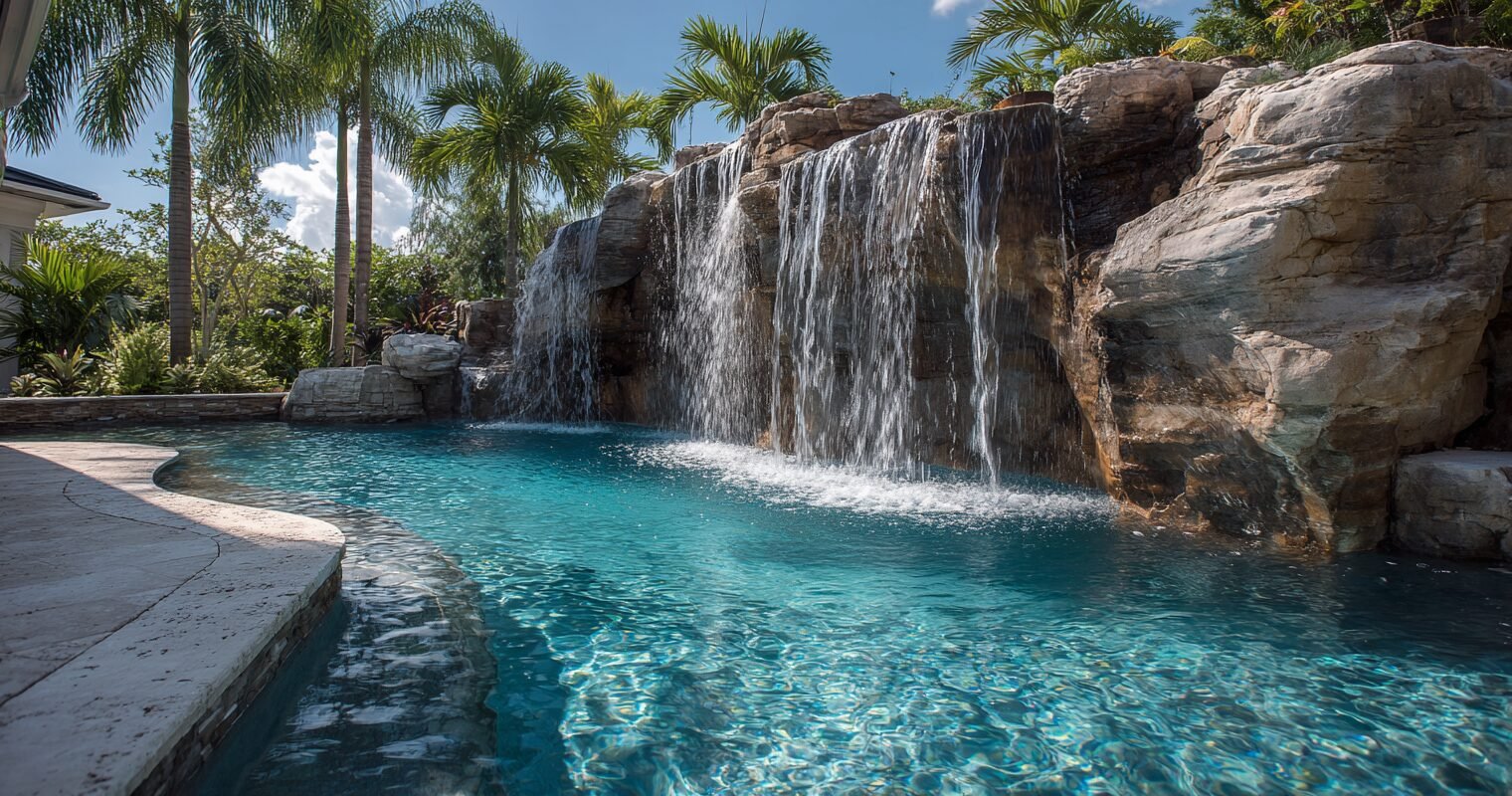 Pool with stone waterfall feature