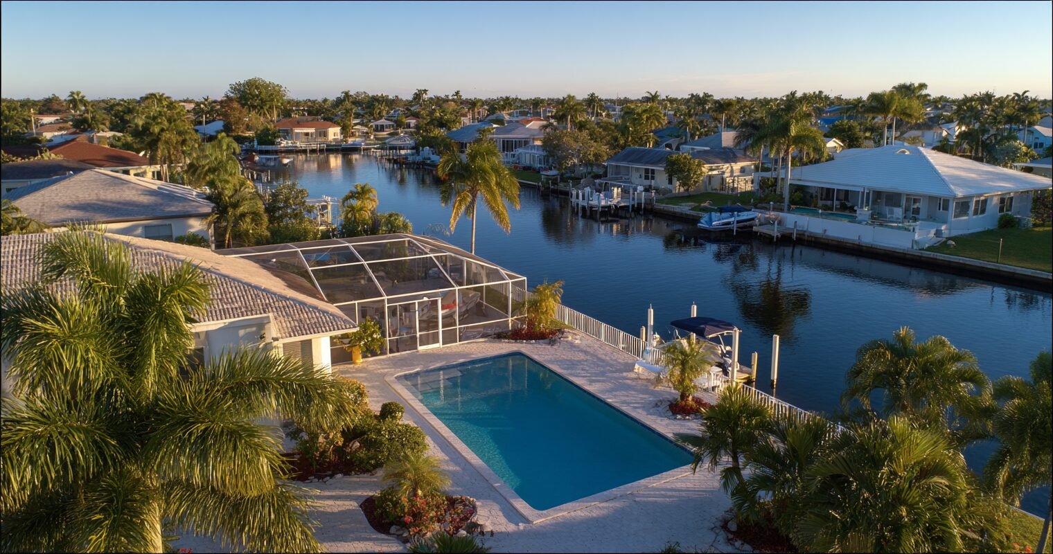 Aerial view of homes with pools