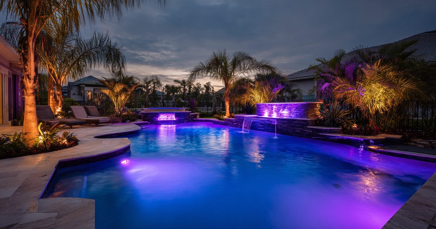 Pool LED lighting at night