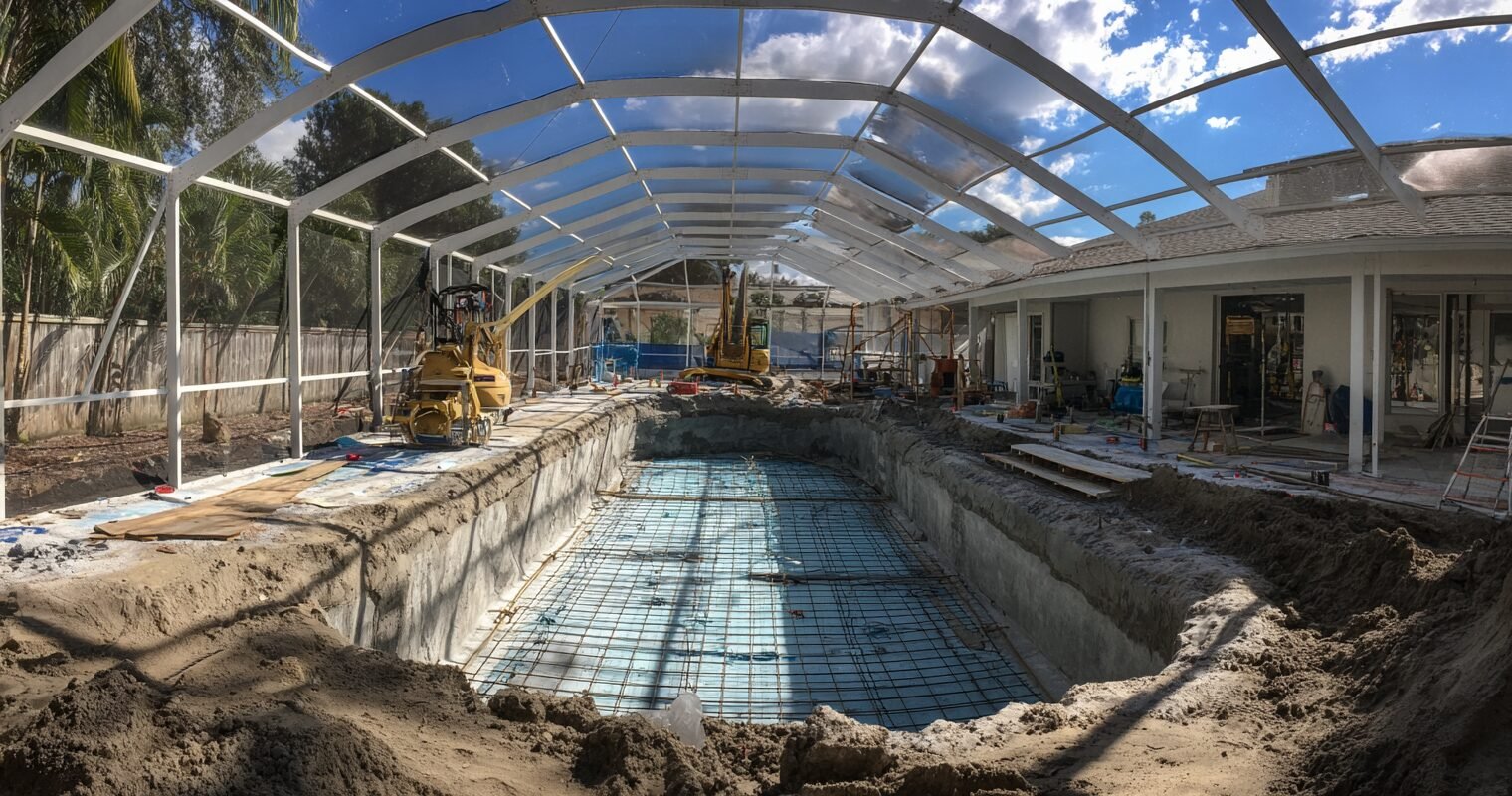 Pool excavation under screen enclosure